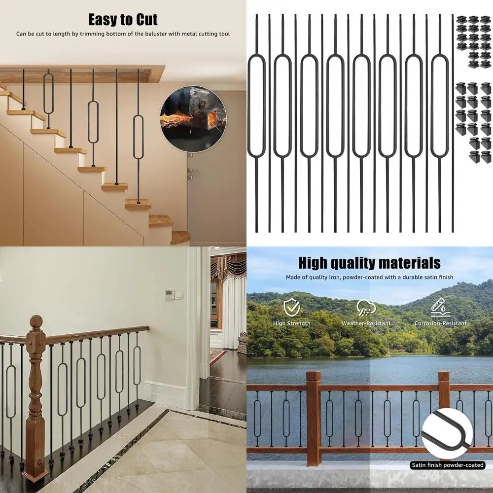 

16-Piece Set of Wrought Iron Staircase Spindles, 1/2 Railing Spindles, 8 Straight and 8 Single Oval Baluster Shoes