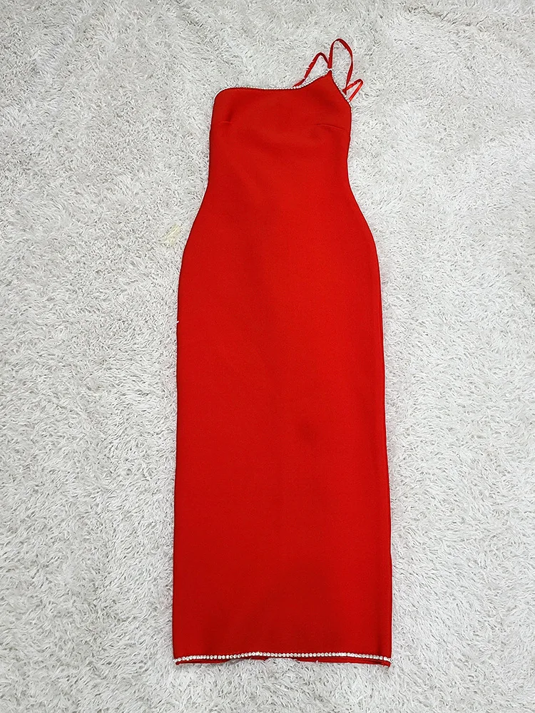 女性用キラキララインストーン付きスパゲッティストラップ、レースアップバック、スリット入りバンテージロングレッドドレス、豪華なプロム、カクテル、結婚式ゲストドレス