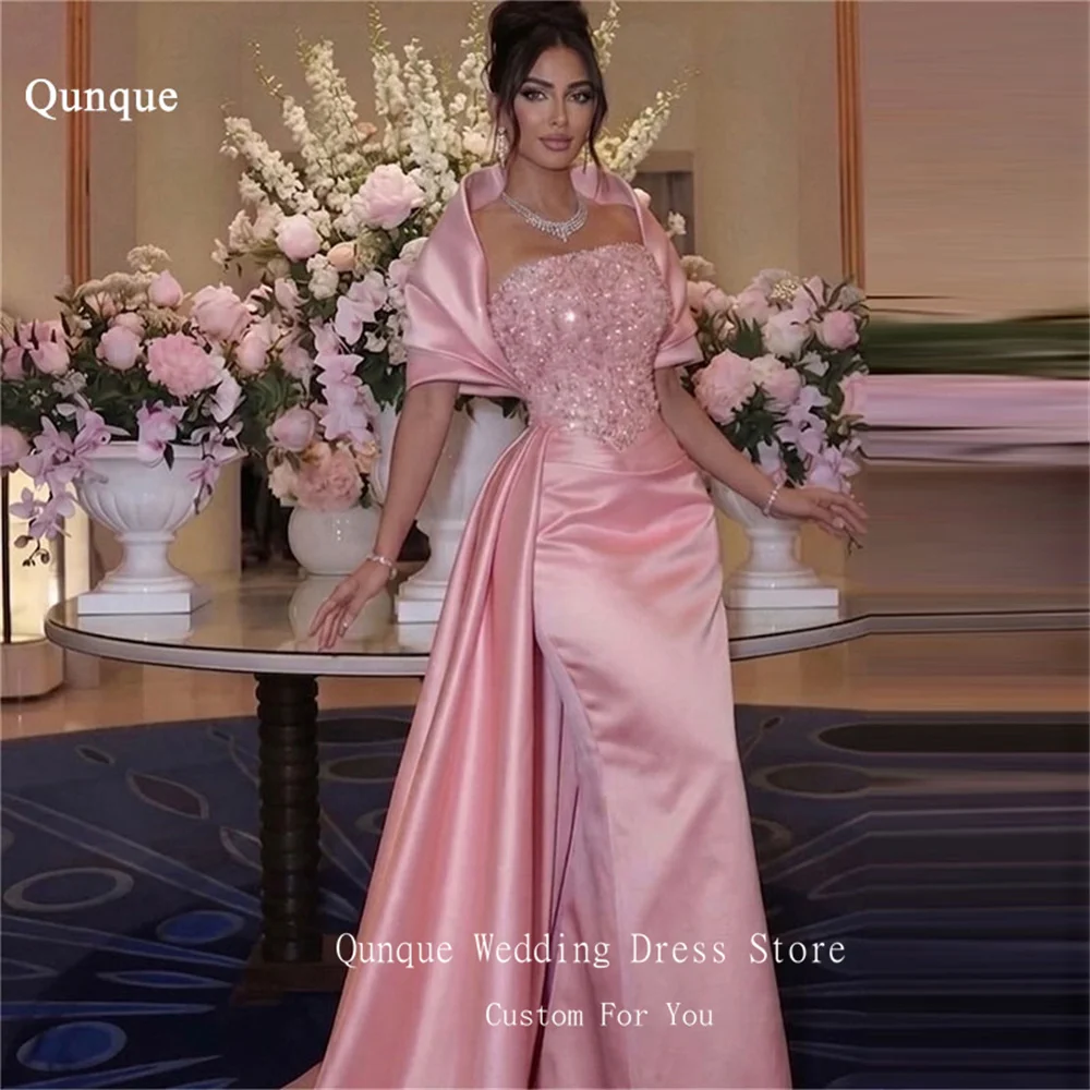 

Qunque Pink Satin Formal Evening Dresses Mermaid Strapless Wedding Party Attire Sequined Beading Long Train Prom Gown Customized