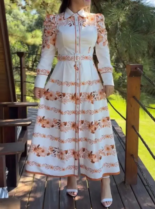 レディースワンピース　新作　花柄プリント　ターン ダウンカラー　パフスリーブ　バケーションワンピース　カジュアル　ボタンダウンシャツワンピース　ベルトと裏地付き
