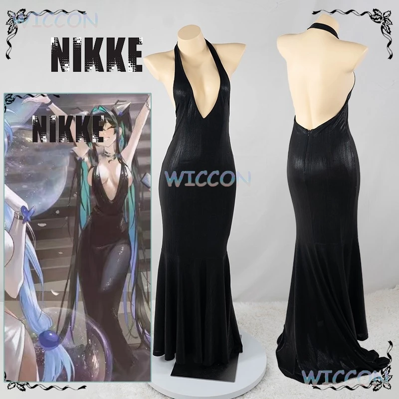 

NIKKE The Goddess Of Victory Little Mermaid Cosplay Dress Wig Sexy Black Deep V Backless Fishtail Anniversary Dress Women Party