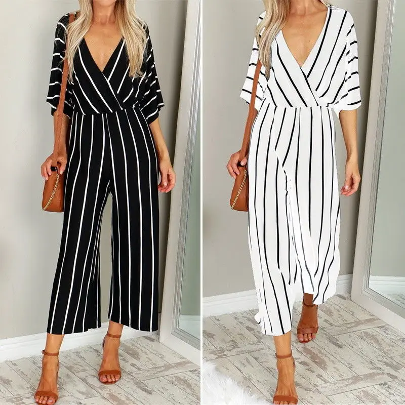 Fashion Women Striped Print Jumpsuits Spring Autumn V-Neck Three Quarter Sleeve Loose Playsuit Female Casual Wide Leg Jumpsuits