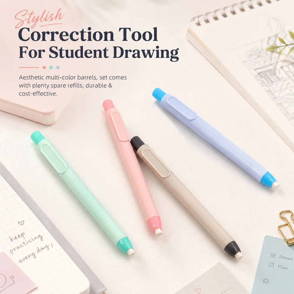 Eraser Pen Card Set Creative Pen Shape Press Type Pencil Eraser with Replaceable Core Sketching Painting Writing Erase Supplies view 6