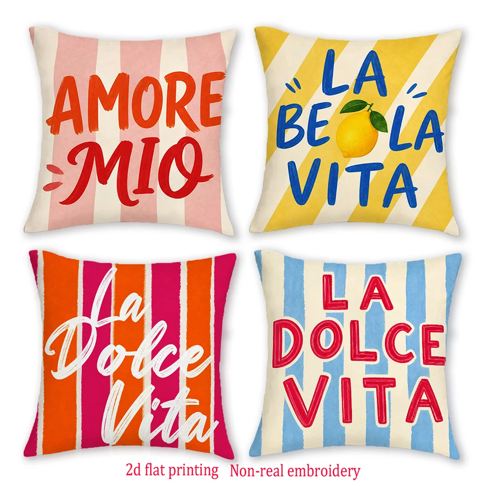 4pcs Italian Quote Striped Throw Pillow Covers La Dolce Vita Amore Mio Summer Decorative Cushion Cases