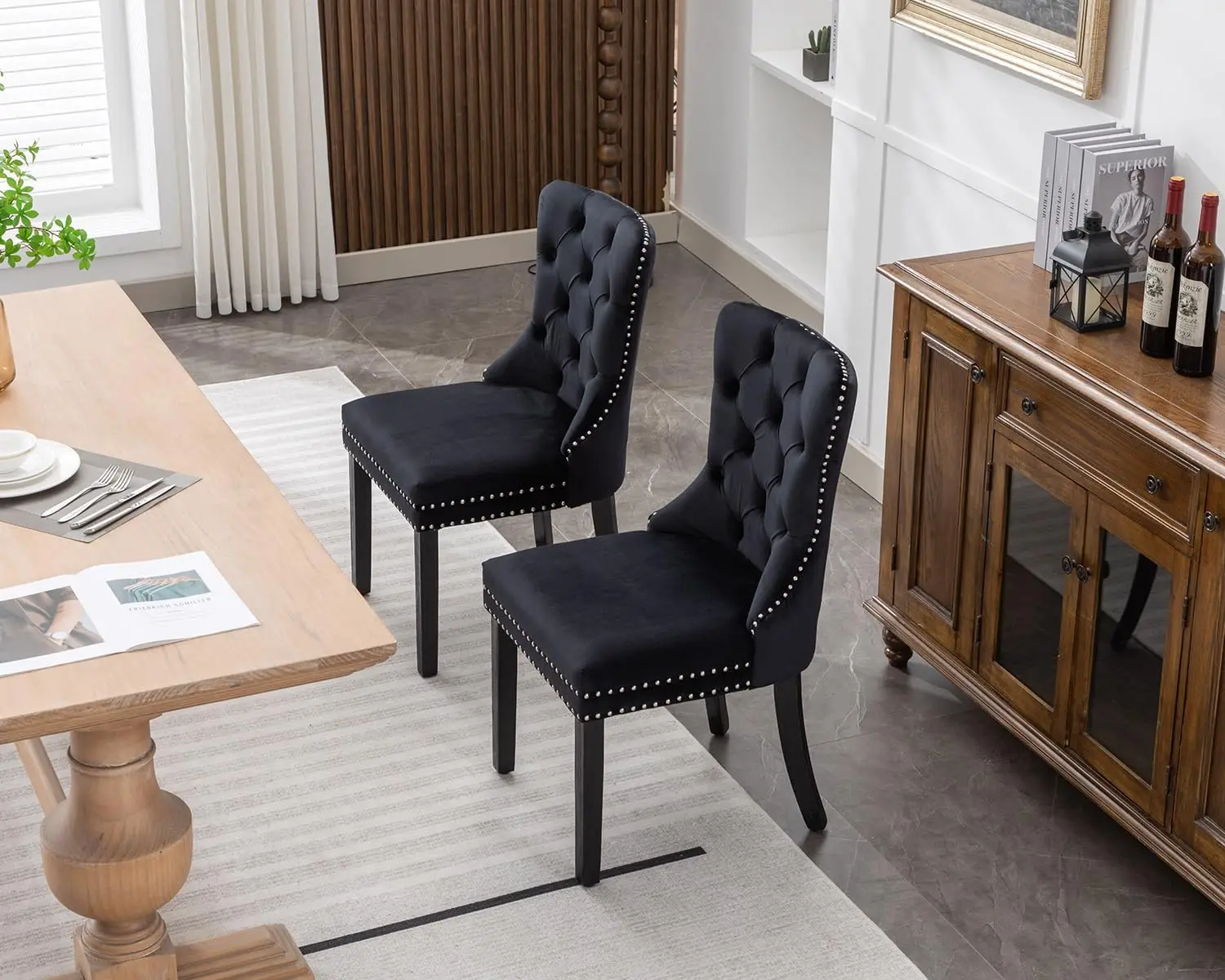 Black，Velvet Dining Chairs Set of 2, Upholstered High-end Tufted Dining Room Chair with Nailhead Back Ring Pull Trim Solid Wood