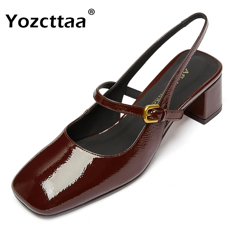 

Женские сандалии Yozcttaa из натуральной кожи, босоножки на ремешке с квадратным закрытым носком, на массивном высоком каблуке, Повседневная летняя обувь для офиса, под платье, размеры 34-39