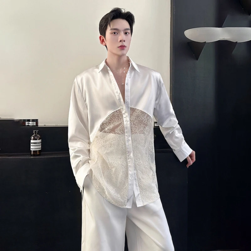 LUZHEN Original Satin Gauze Splicing Design Perspective Long Sleeve Shirts Men's High Quality 2026 New Handsome Clothes JY9483