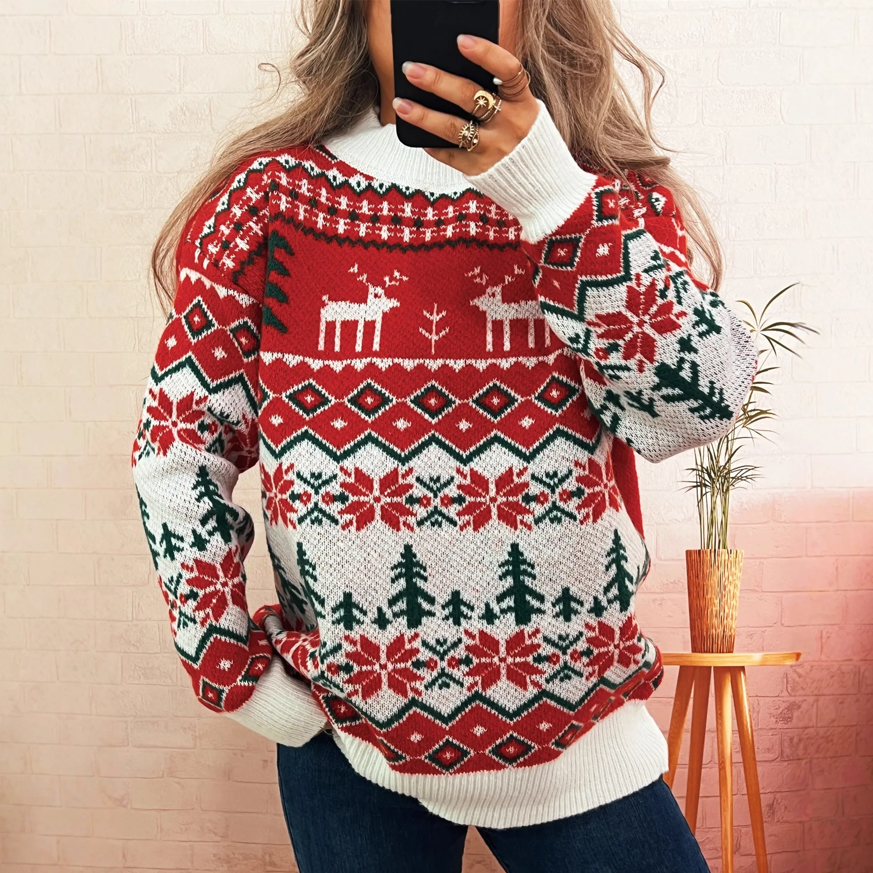 

Fashionable Chic Pullover Sweater Women Christmas Elk Snowflake Jacquard Knitted Sweaters Female Comfortable Casual Knitwear Top