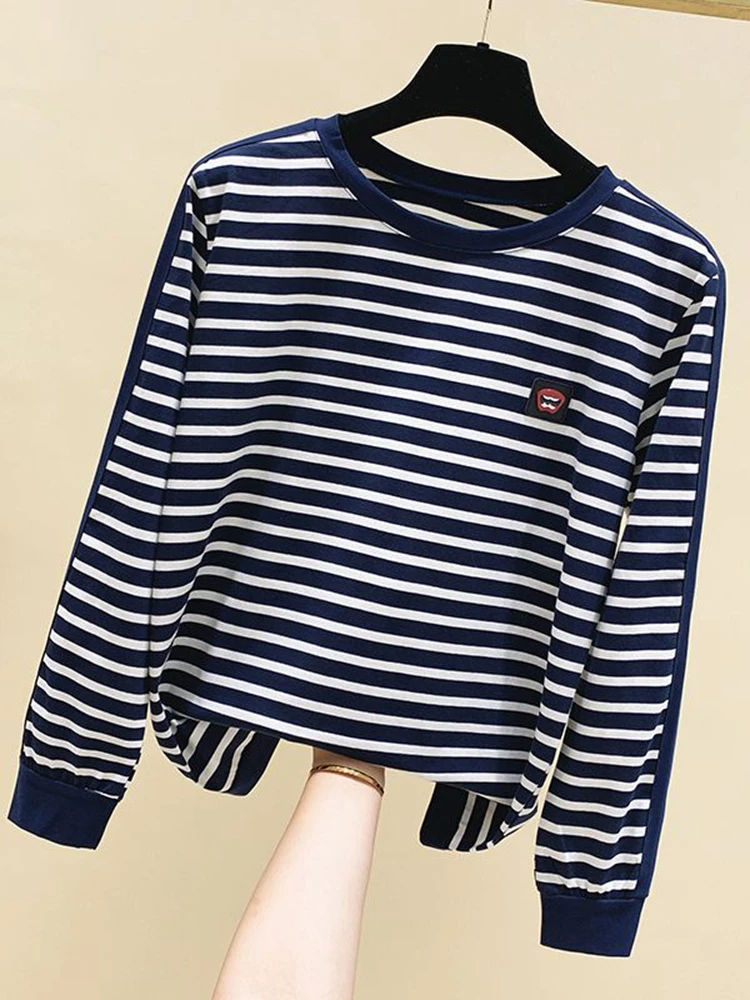 gkfnmt Korean Style Women T-Shirt Oversize 4XL Long Sleeve Striped Cotton Tshirt Tops Autumn Winter T Shirt Femme Clothing Loose