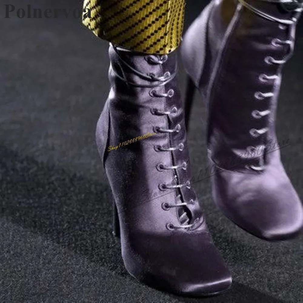 

Catwalk Purple Silk Cross Tied Boots Thin High Heel Shoes For Women Side Zipper Round Toe 2024 Fashionable Zapatos Para Mujere
