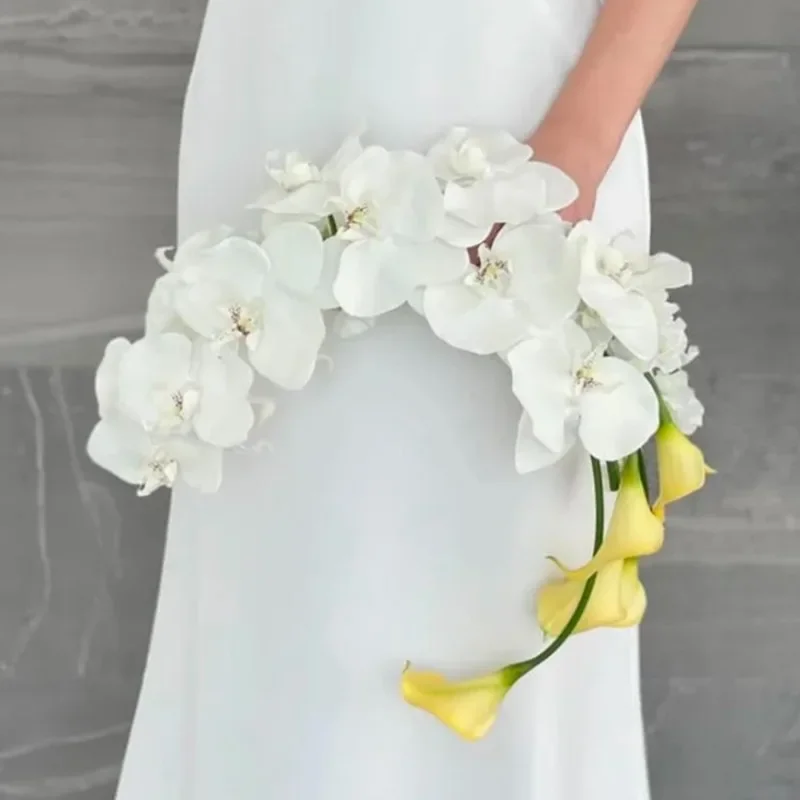 Portable Artificial Wedding Bouquet, Unique Phalaenopsis & Calla Lily Fake Flower Bridal Handheld Flower