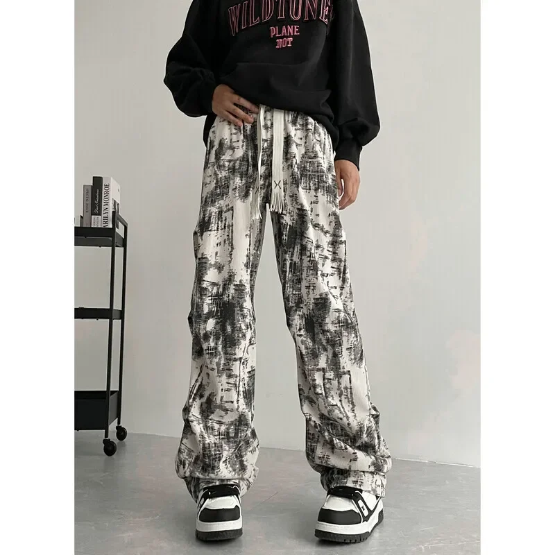 Pop Beige Casual Pants Men Fashion Retro Straight Pants Men Streetwear Hip-hop Loose Tie Dye Pants Mens Vintage Trousers M-3XL