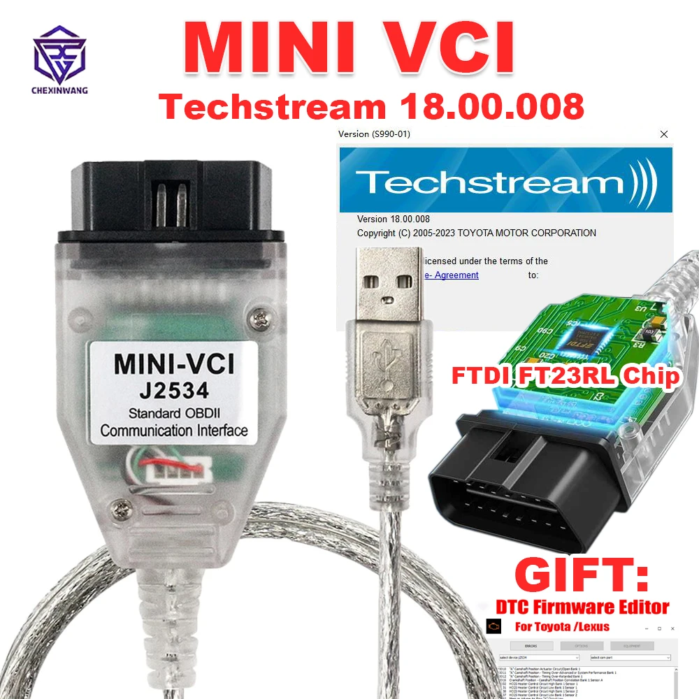 Mini Vci FTDI FT232RL OBD2 Diagnostic Cable For Toyota TIS Techstream V18.00.008 until 2023 for Toyota/Lexus DTC Firmware Editor