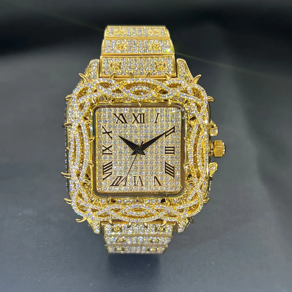 Watch For Men Fashion Luxury Gold Square Diamond Full Sky Star Male's Clock Watches New Skeleton Flower Quartz Wristwatch 2025