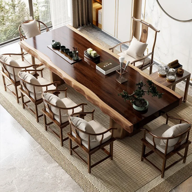 New Chinese style natural edge large board solid wood office tea table chair tea table a complete