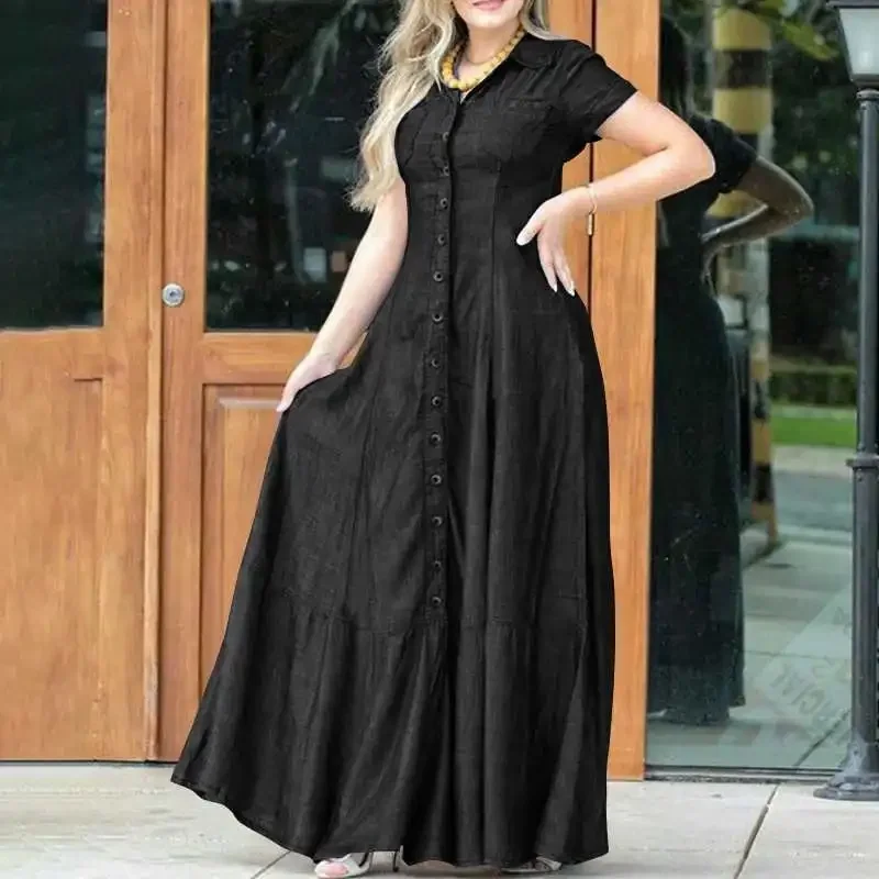 Large Size Denim Maxi Dress for Women Casual Short-sleeved Button Muslim Dress Women Shirt Collar Pocket Abayas Summer Kaftan