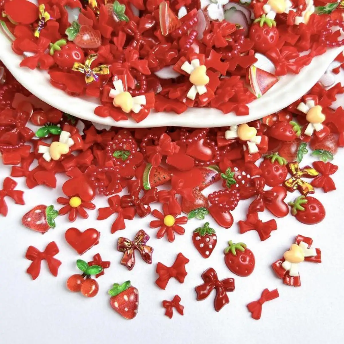 100PCS Mixed 3D Resin Red Series Nail Charms Kawaii Strawberry Bow Flower Watermelon Cherry Nail Art Decoration Accessories