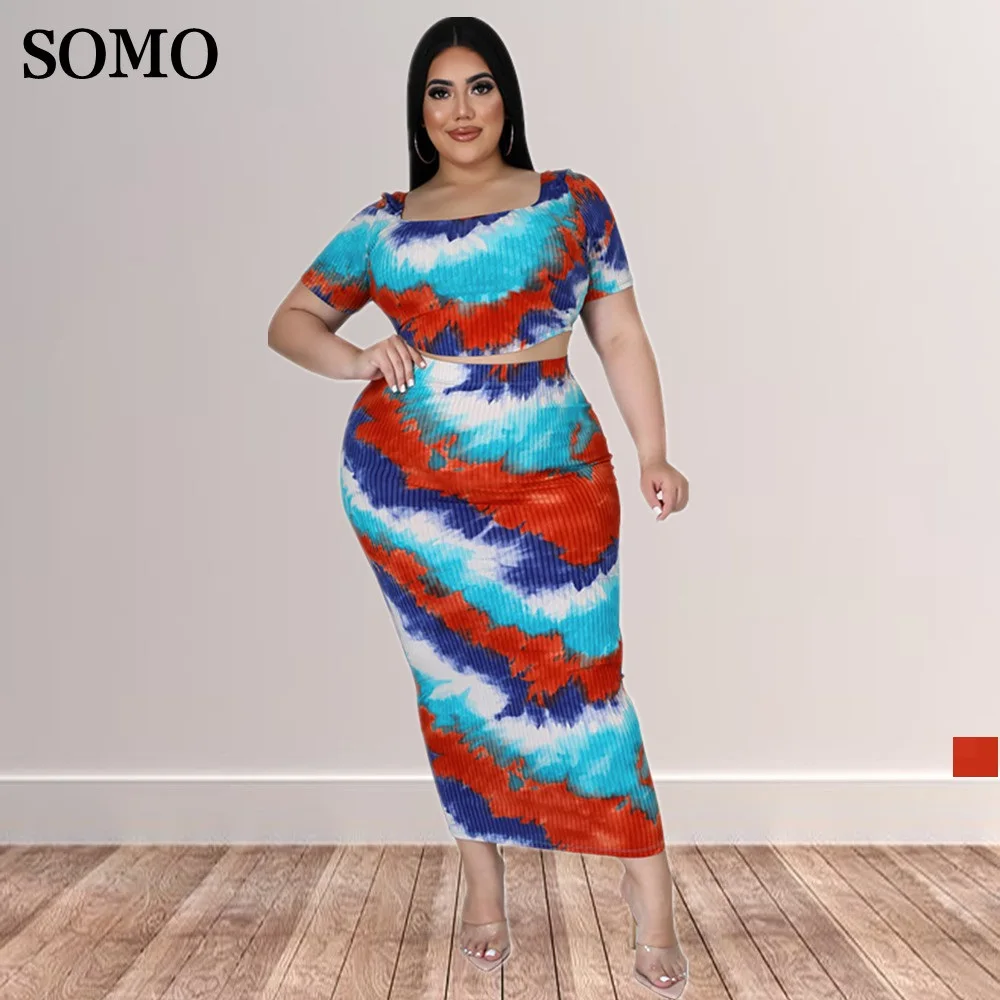 SOMO-ropa de Ropa de talla grande para mujer, banda acanalada con estampado Digital, conjuntos de falda de dos piezas, venta al por mayor, 2022