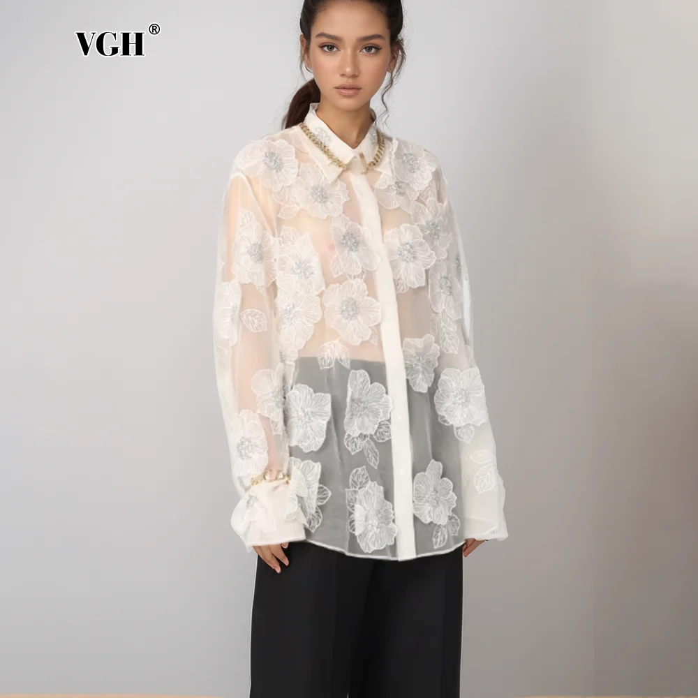 

VGH Patchwork Appliques Chic Loose Blouses For Women Lapel Long Sleeve Spliced Sheer Mesh Design Sense Shirts Female Fashion New