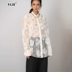 VGH Patchwork Appliques Chic Loose Blouses For Women Lapel Long Sleeve Spliced Sheer Mesh Design Sense Shirts Female Fashion New