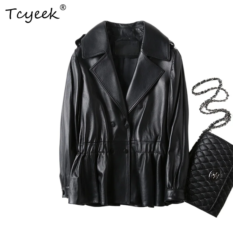 

Tcyeek Верхний слой овчины Весна Осень Корейский стиль Костюм Воротник Короткая женская куртка из натуральной кожи Женская Кожаная Куртка