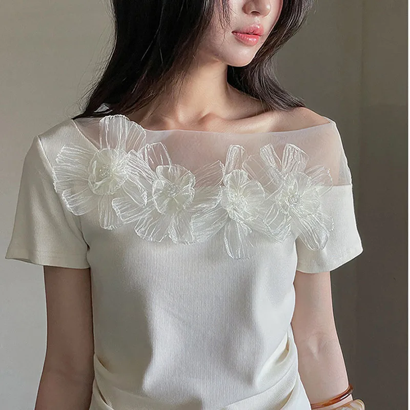 Women T-shirt Irregular One Shoulder Skew Neck Slightly Transparent Lace Pleated Slim Short Sleeve Simple Casual Versatile TopWo