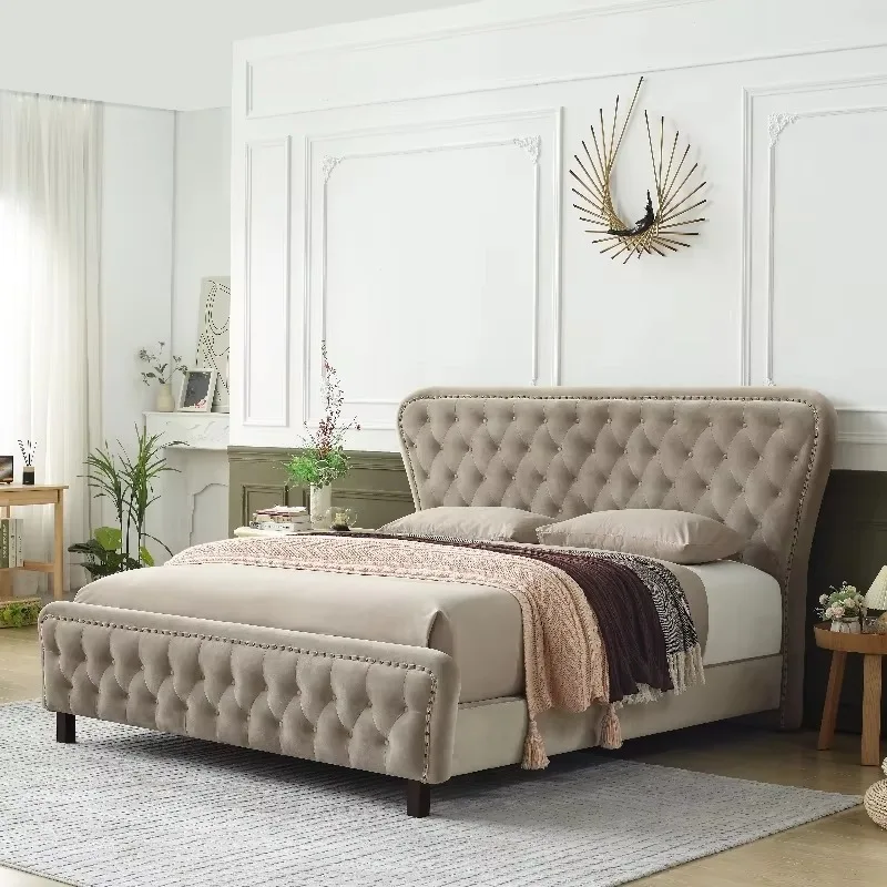 Deluxe bedroom bed latest velvet upholstered platform double bed