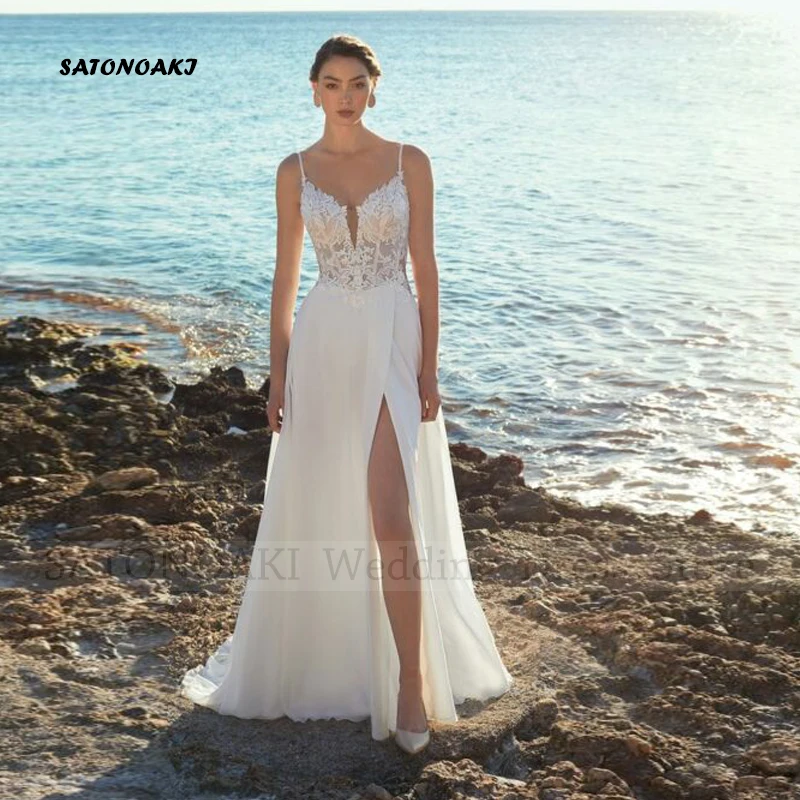 

Elegant Spaghetti Straps Lace Chiffon Wedding Dress for Women A-Line Side Split Beach Bride Gown Vestido De Novia Robe Mariée