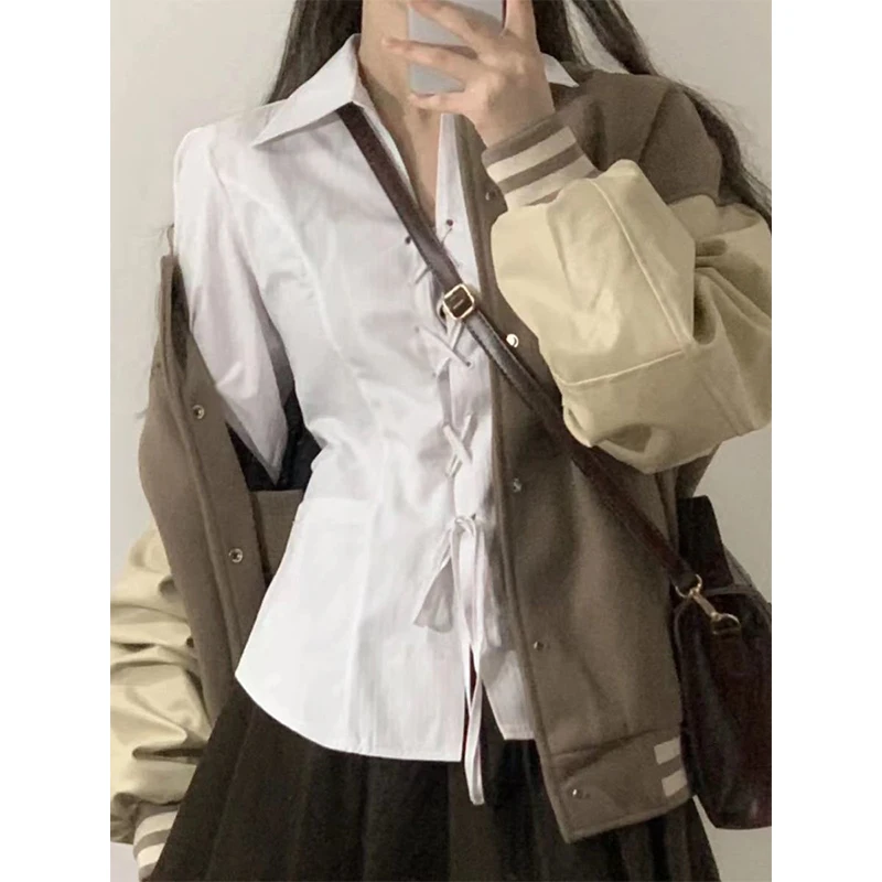 Y2K M-4Xl White Shirts Women Streetwear Bandage Long Sleeve Crop Tops Preppy Korean Fashion Tunic Casual All Match Chic Blouses