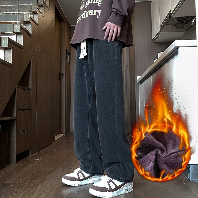 Winter New Fleece Warm Jeans Street Casual Simple Fashion Mens Clothing Loose Straight Cotton Versatile Lace Up Denim Pantalones