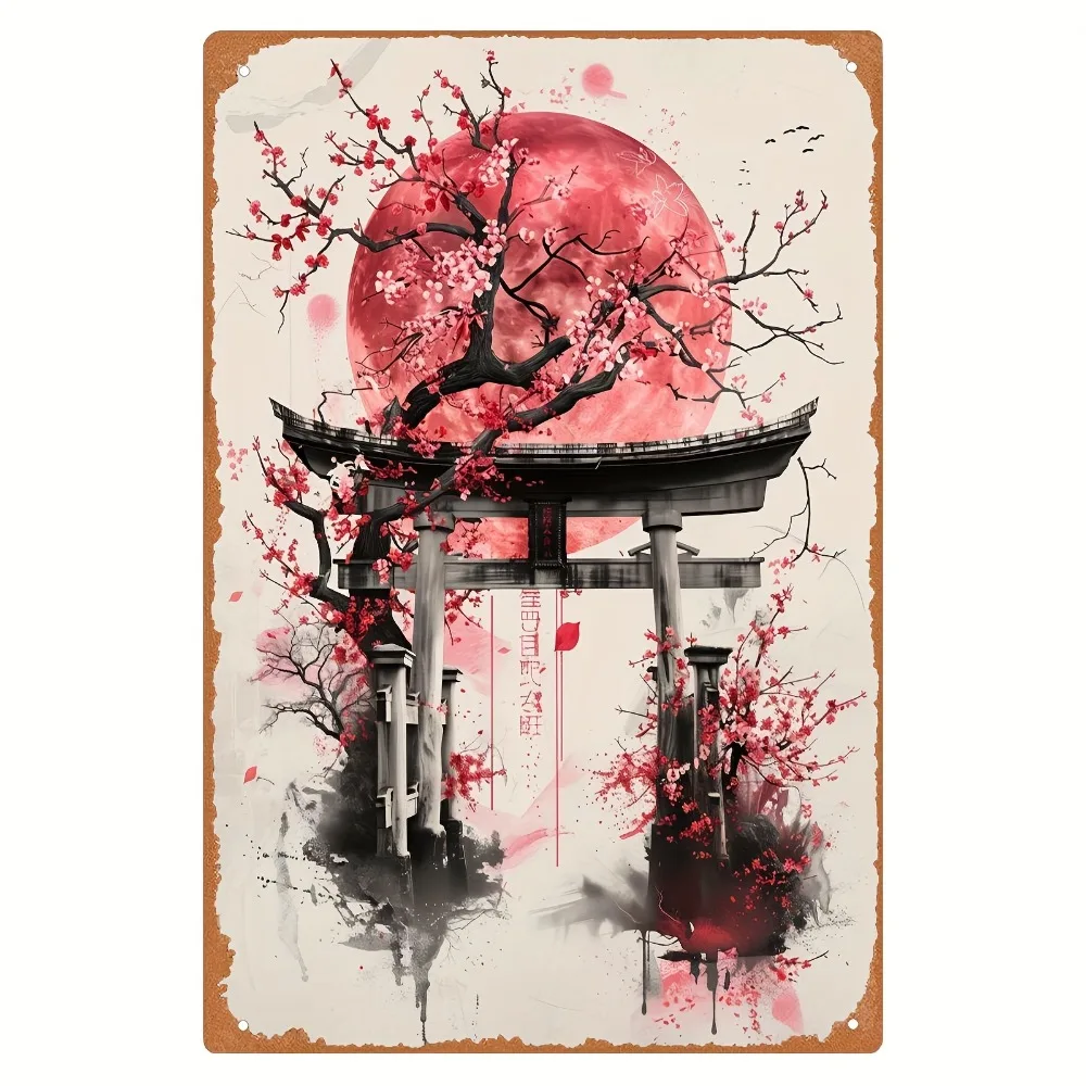 Japanese Torii Gate Sakura Tin Sign - Oriental Scenery Metal Wall Art, Vintage Home Office Iron Decor