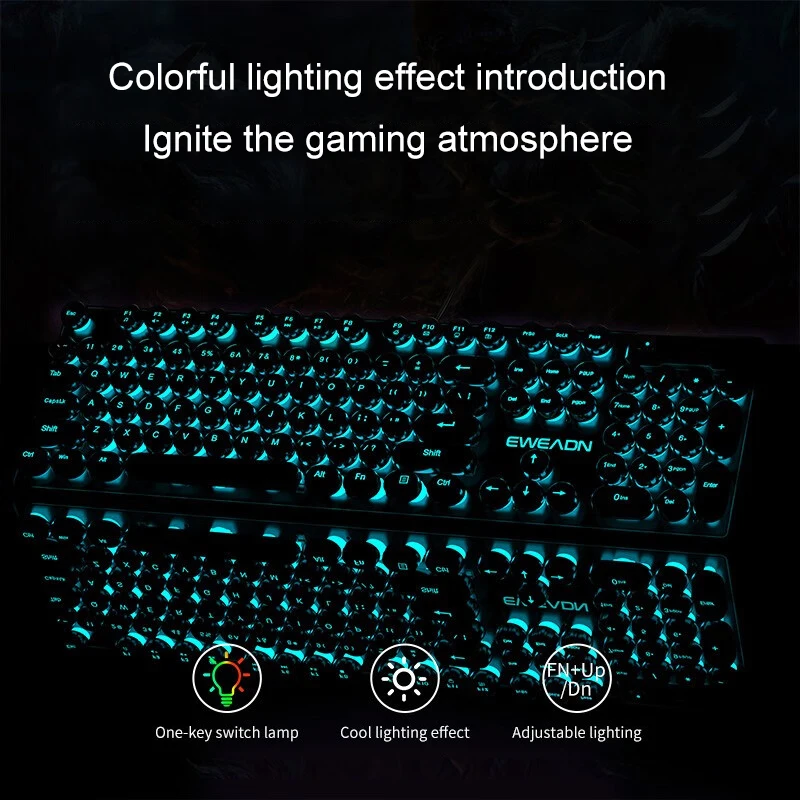 لوحة مفاتيح ألعاب الآلة الكاتبة EWEADN، 104 مفاتيح، أغطية مفاتيح دائرية ريترو بانك، إضاءة خلفية زرقاء، سلكية USB، لأجهزة الكمبيوتر/الكمبيوتر المحمول التي تعمل بنظام Windows