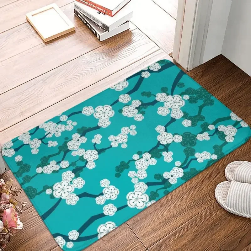 Oriental Cherry Blossoms On Turquoise Front Floor Door Entrance Mat Zen Japanese Sakura Bathroom Kitchen Doormat Carpet Rug