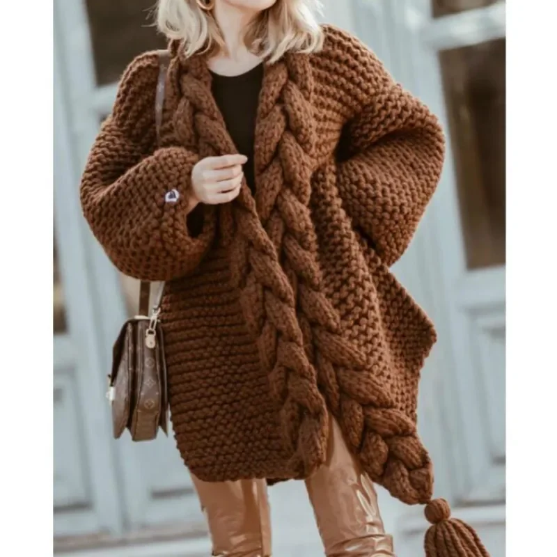 Hand-woven Split Wild Tassels Hook Twist Sweater Coat Crocheted Cardigan Autumn and Winter Thick Long Lantern Sleeve Crop Tops