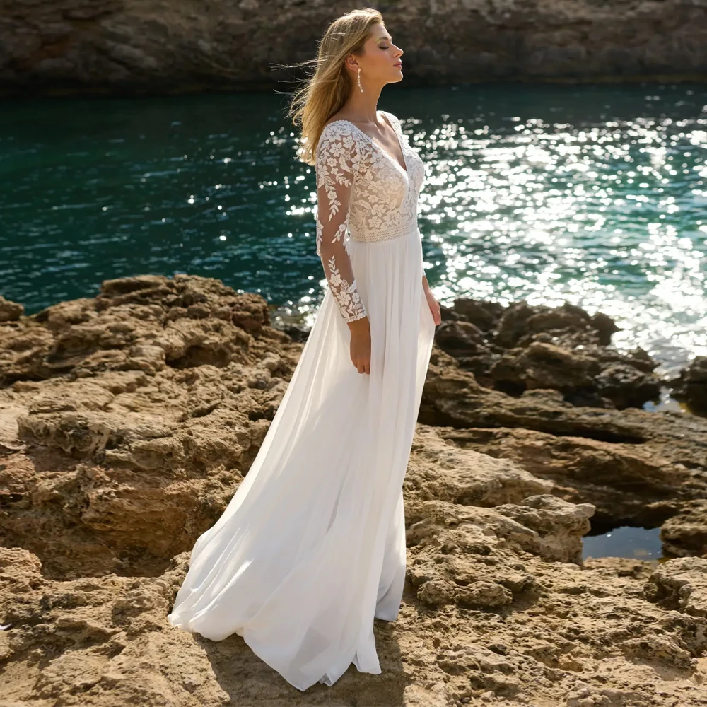 Sexy Long Sleeves Wedding Dresses V Neck Bridal Growns Applique Lace Zipper Evening Dresses Customized Chiffon Vestidos De Novia