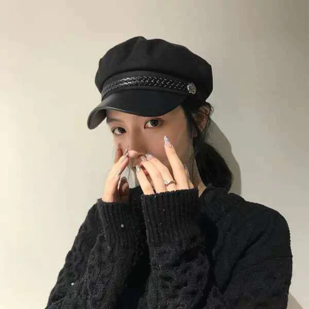 

Women's Black Beret Autumn And Winter British Retro Everything Woolen Navy Hats Korean Style Octagon Hat Headdress