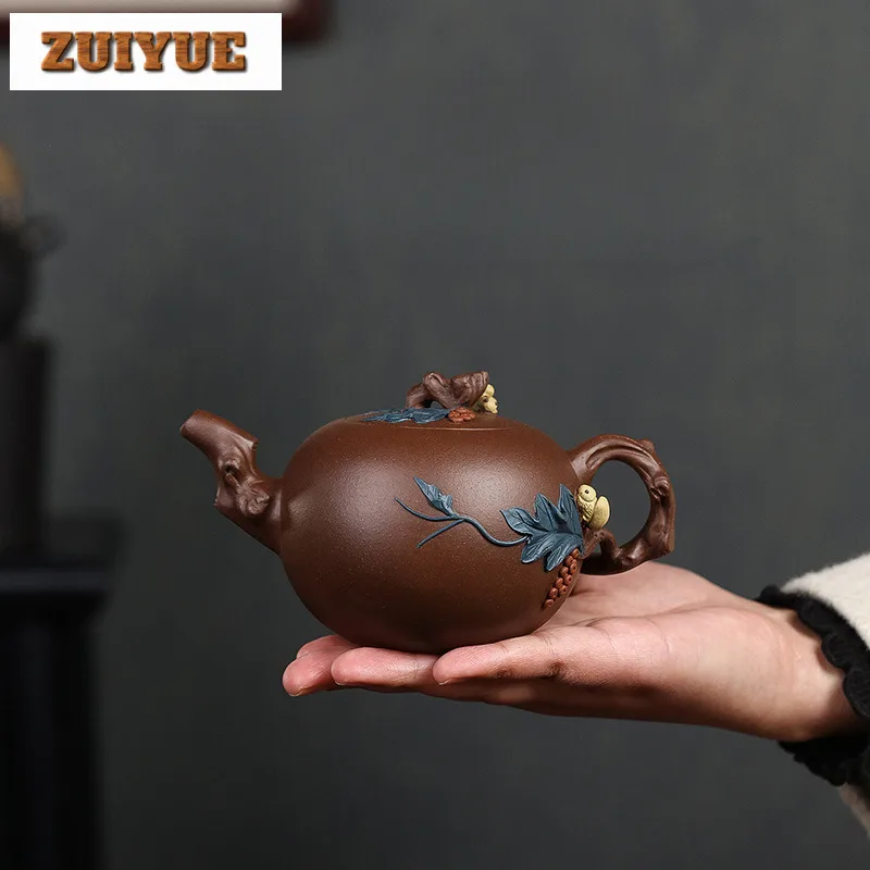 

380ml Boutique Yixing Purple Clay Teapots Famous Artists Handmade Squirrel Grapes Pot Raw Ore Purple Mud Kettle Zisha Tea Set