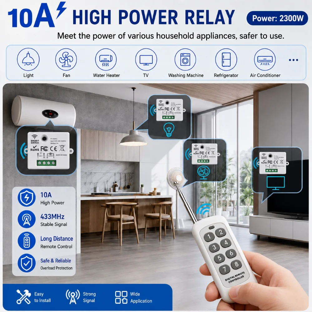 433Mhz RF Wireless Remote Control Light Switch 110V 220V 10A Mini Relay Module 1000m Range 8-in-1 Transmitter for Lamp LED Fan
