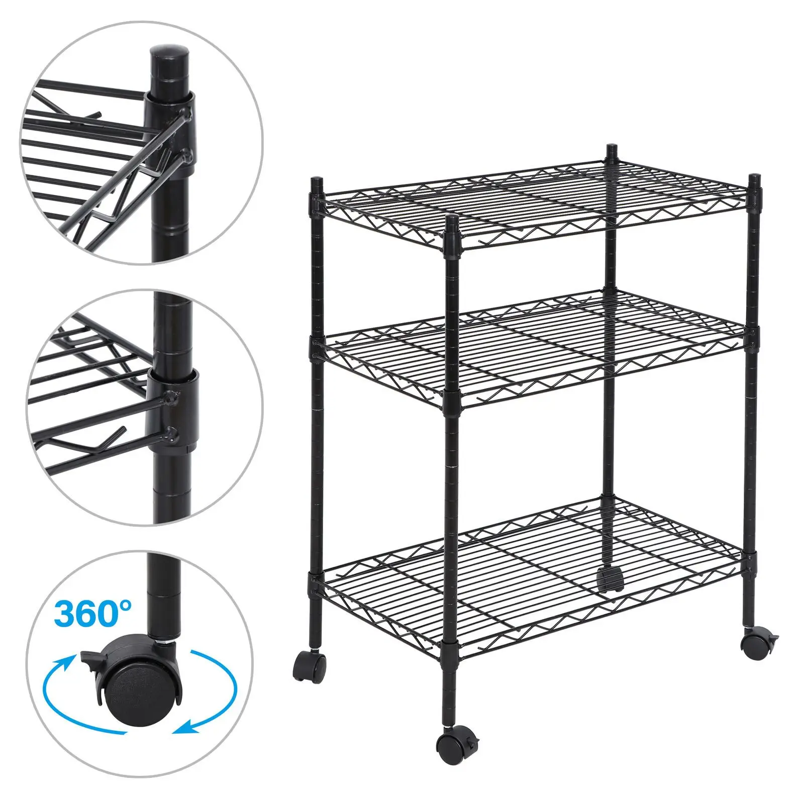 

Shelving Storage Wheel Casters Black Metal Organizer Wire Rack 3-Shelf