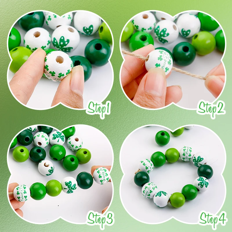 16mm St.Patrick\'s Day Wooden Beads Green Shamrock Good Luck Loose Farmhouse Beads For Jewelry Making DIY Home Decors 50pcs