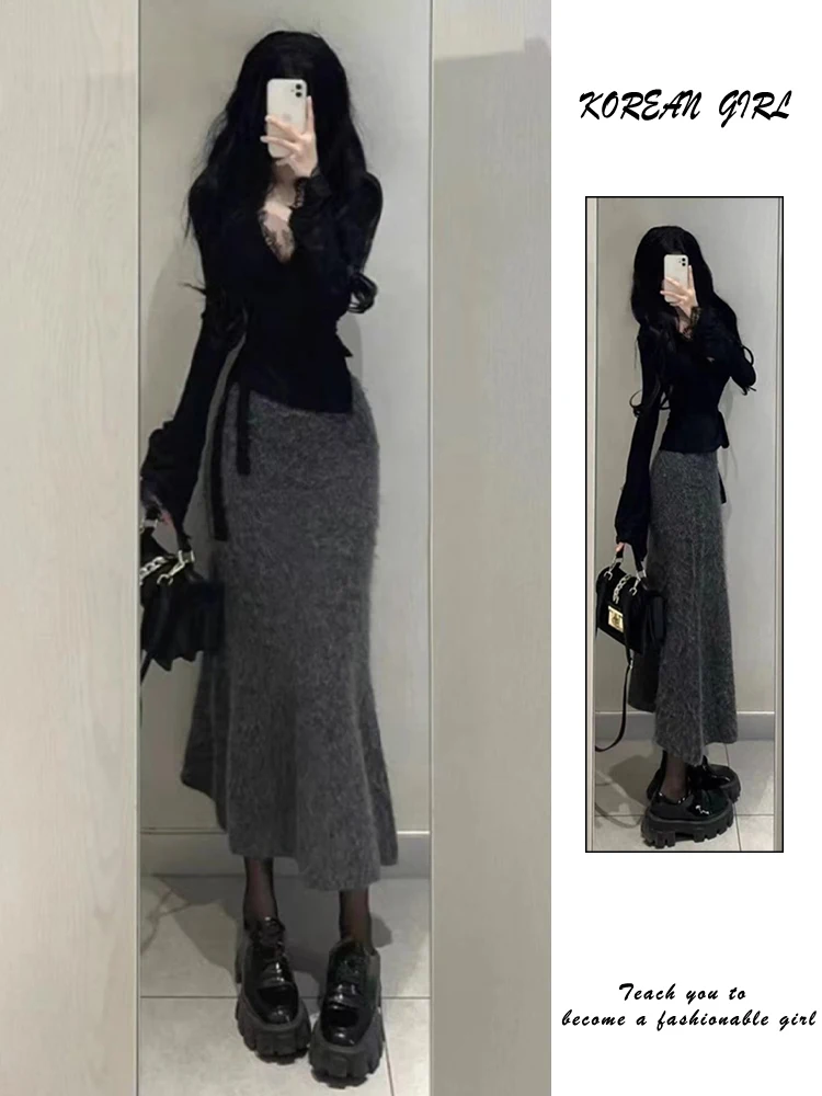 

Вязаная юбка с высокой талией в стиле ретро, женская осенняя юбка трапециевидной формы, новая мода, облегающая длинная юбка