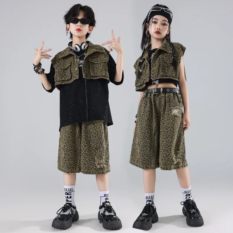 

Boy Girl Street Dance Clothes Set Summer Youth Group Hip-hop Performance Costume Fashion Leopard Waistcoat Jacket Shorts 2-piece