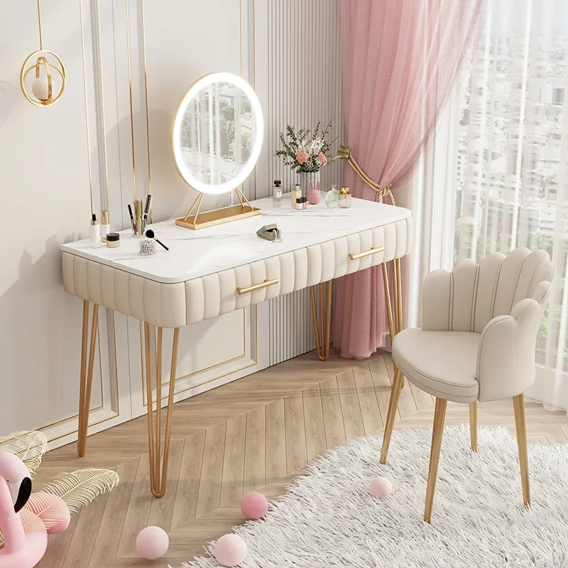 Modern Pink Vanity Table Round Mirror Stylish Makeup Vanity Table Comfy Chair Comodas Con Cajones Dormitorio Home Furniture