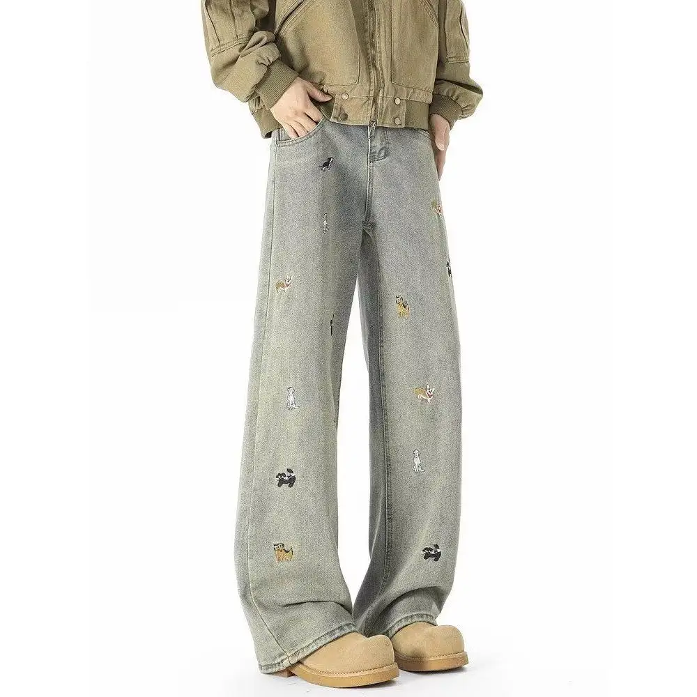 

Waed Denim Jeans Men's High Street Loose Straight Wide Leg Pants Slimming Floor-Length Cartoon Embroidery Casual Trousers