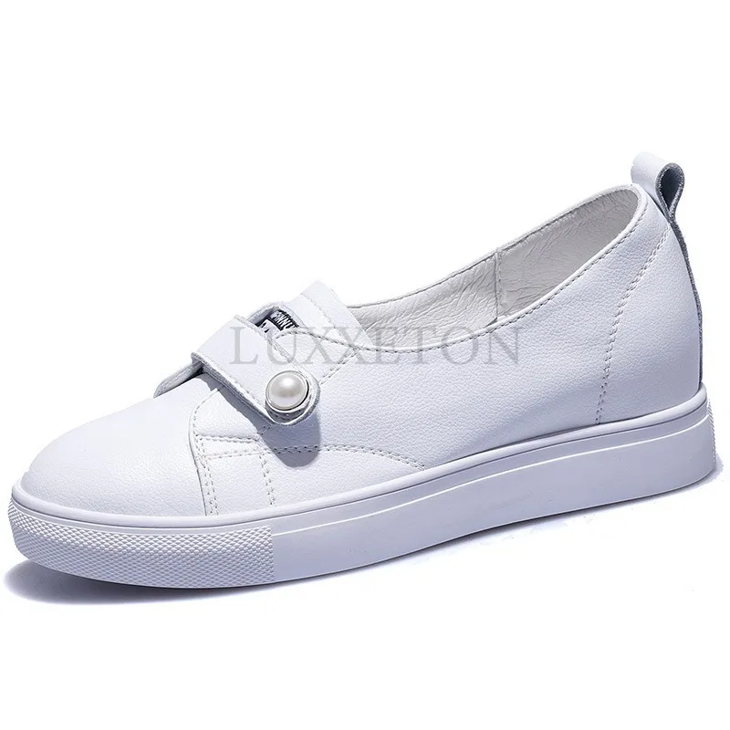 Soft Leather Shallow Mouth Raised Pearl Thick Sole Small White Shoes Casual Breathable Wear-resistant Women\'s Singles Shoes