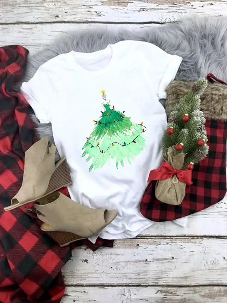 

Watercolor Cartoon Trend Clothing Women Top New Year Female Clothes Fashion Christmas Tee T Shirt Printed Graphic T-shirts