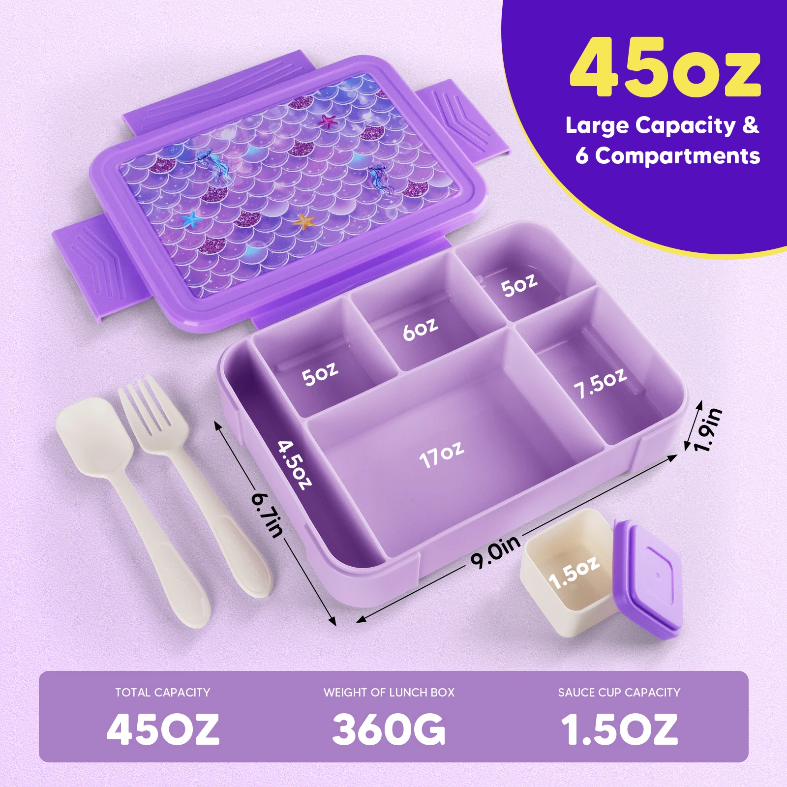 Bento Lunch Box for Kids 45oz 6 Compartments Lunch Container with Cutlery Container Purple Mermaid Bento Box Lunch Containers