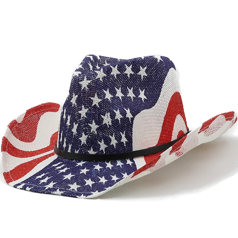 

New Straw Hat Cowboy Men American Flag Retro Western Cowboy Hat Men Women Summer Beach Male Female Wide Brim Sun Hat
