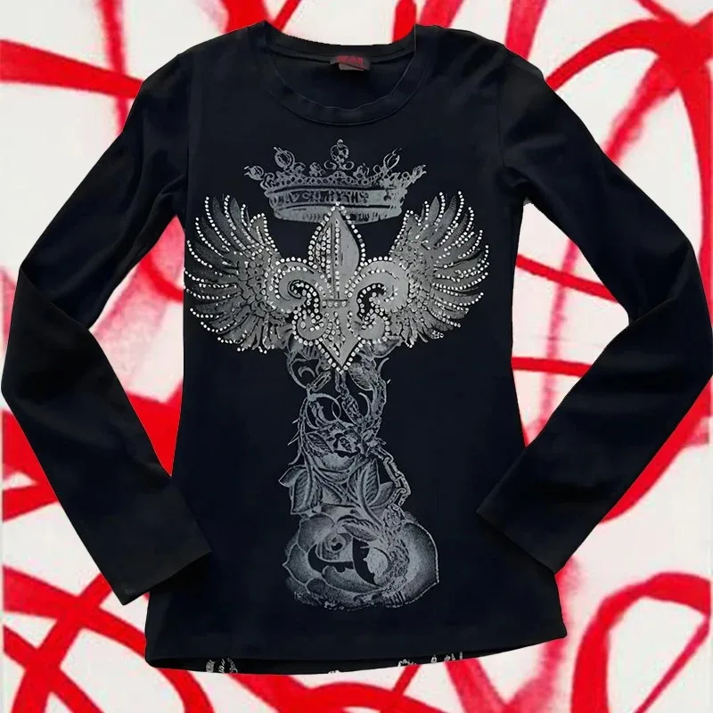 

2025 New Women's Y2K Dark Gothic Harajuku Printed Diamond Set Long sleeved Men's and Women's T-shirts