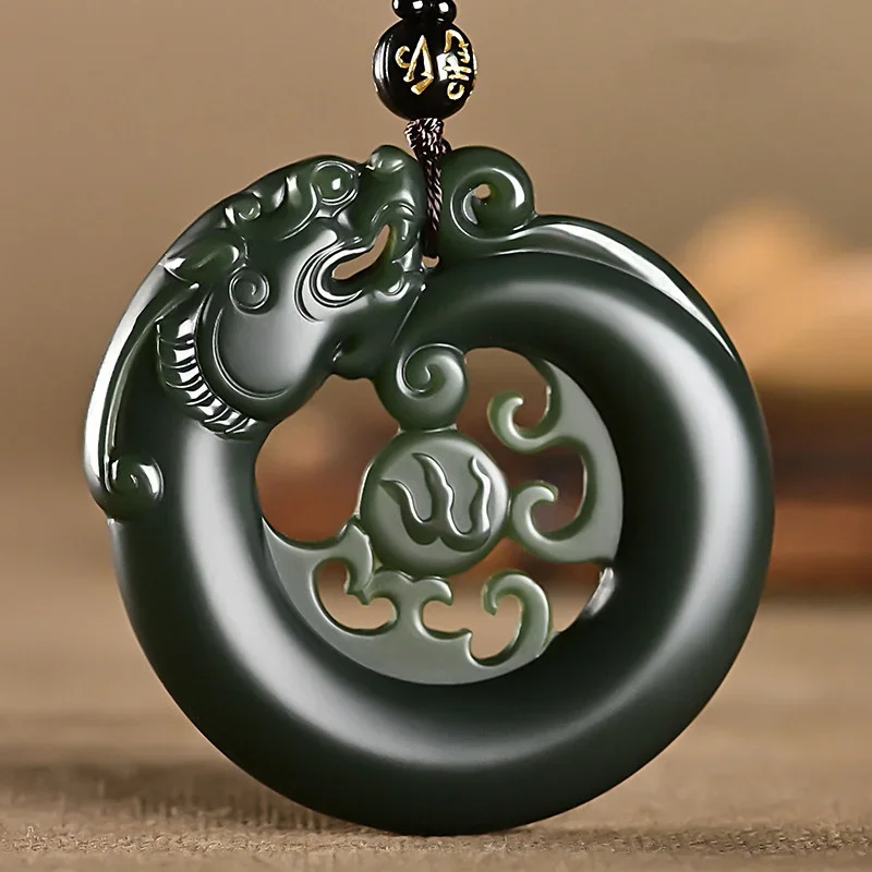 

Jia Le/ 100% Natural Hetian Cyan Jade Double-sided Carved Antique Dragon Necklace Pendant Personalized Men Women Couples Amulet